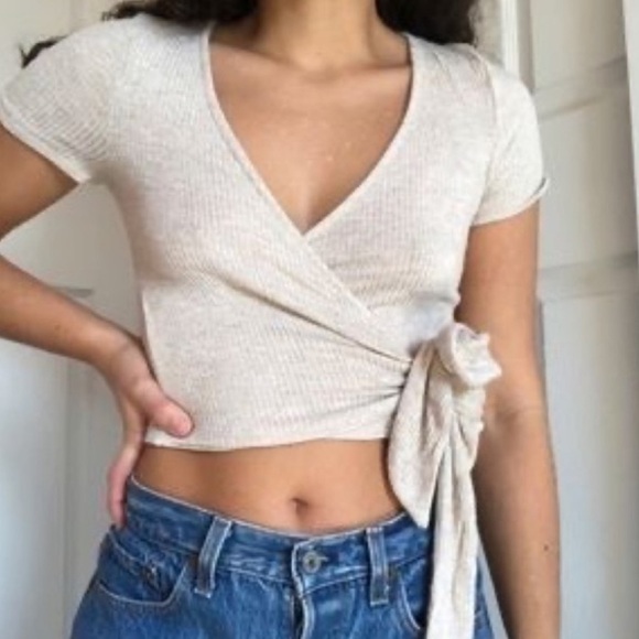 Project Social T Urban Outfitters wrap top with tie knot Small oatmeal tan S - Picture 1 of 9